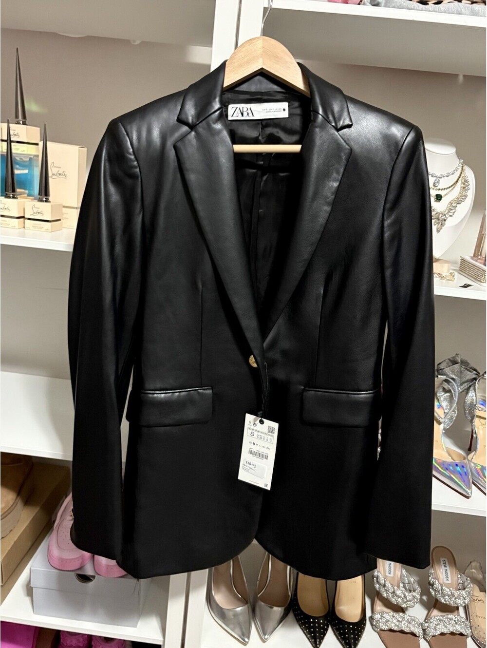 NWT $119 Zara Faux Leather Blazer Jacket Sleek Black Size Small S